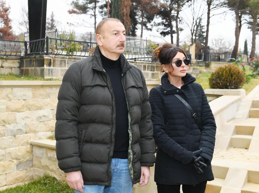Azerbaijani president, first lady view landscaping work done around Shahkhandan tomb in Shamakhi (PHOTO)