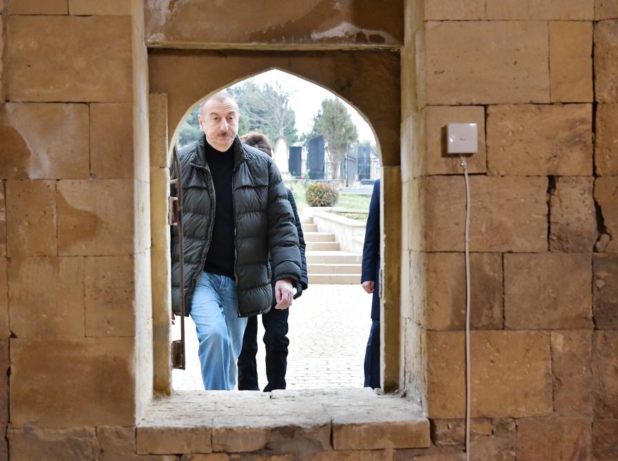 Azerbaijani president, first lady view landscaping work done around Shahkhandan tomb in Shamakhi (PHOTO)