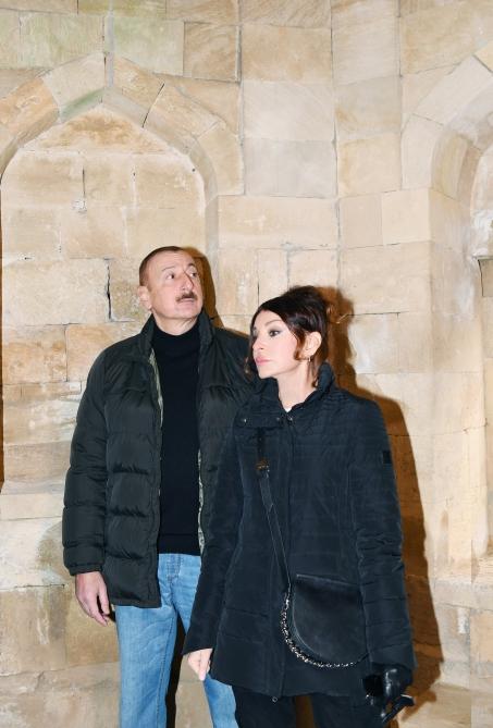 Azerbaijani president, first lady view landscaping work done around Shahkhandan tomb in Shamakhi (PHOTO)