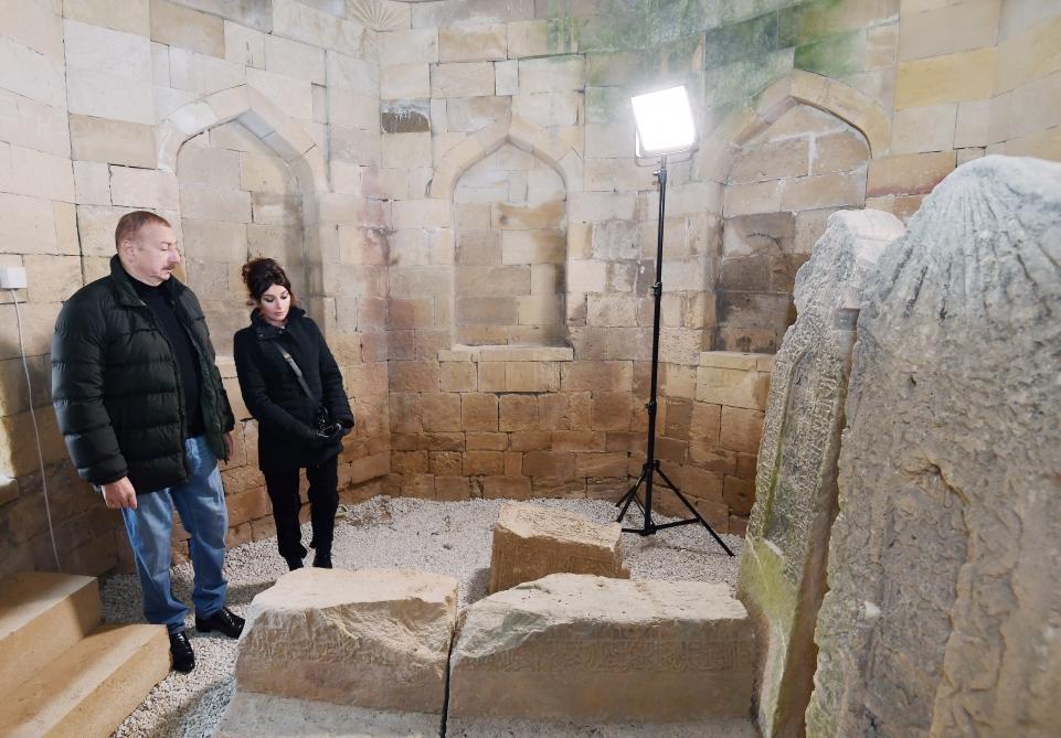 Azerbaijani president, first lady view landscaping work done around Shahkhandan tomb in Shamakhi (PHOTO)