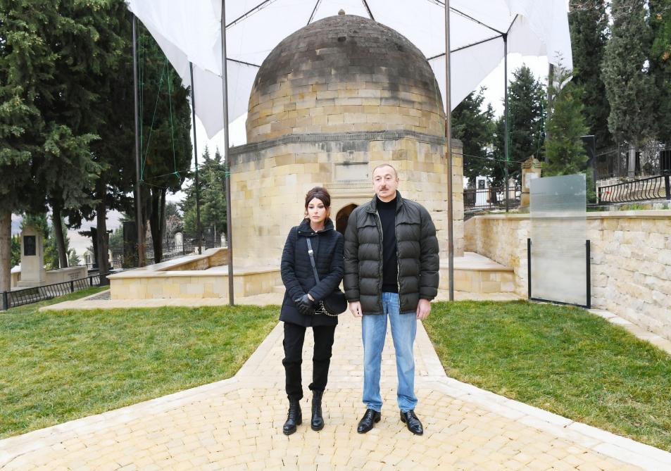 Azerbaijani president, first lady view landscaping work done around Shahkhandan tomb in Shamakhi (PHOTO)