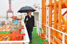 Azerbaijani president attends ceremony to launch first tanker built at Baku Shipyard (PHOTO)