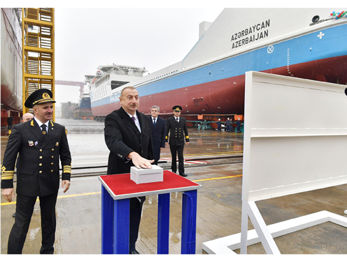 Azerbaijani president attends ceremony to launch first tanker built at Baku Shipyard (PHOTO)