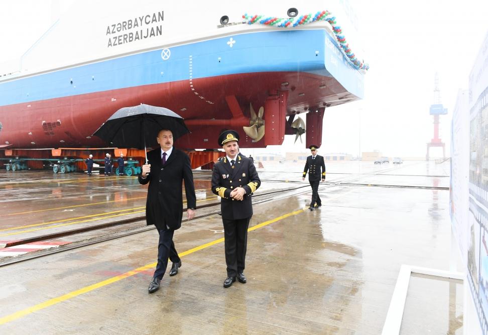 Azerbaijani president attends ceremony to launch first tanker built at Baku Shipyard (PHOTO)