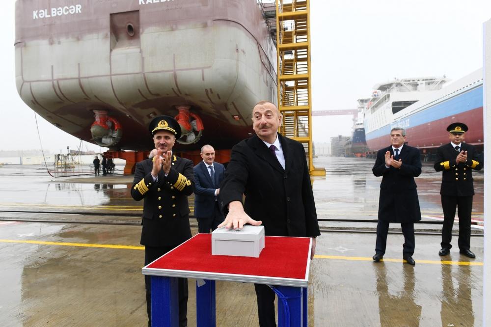 Azerbaijani president attends ceremony to launch first tanker built at Baku Shipyard (PHOTO)