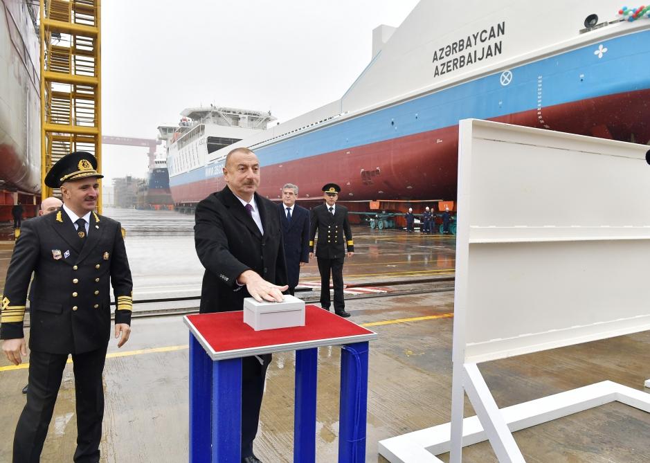 Azerbaijani president attends ceremony to launch first tanker built at Baku Shipyard (PHOTO)