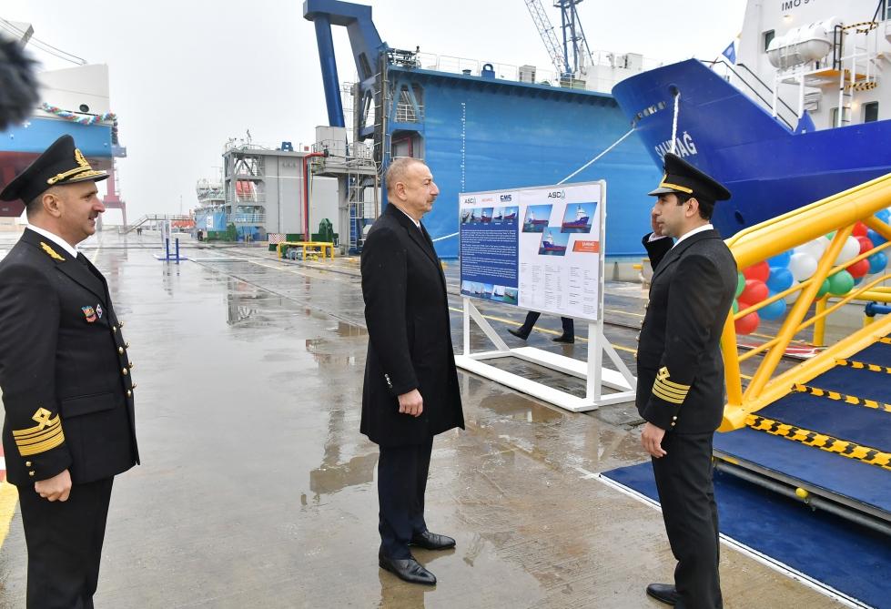 Azerbaijani president attends ceremony to launch first tanker built at Baku Shipyard (PHOTO)