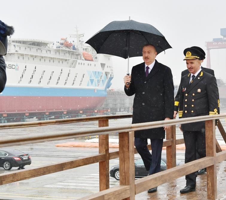 Azerbaijani president attends ceremony to launch first tanker built at Baku Shipyard (PHOTO)