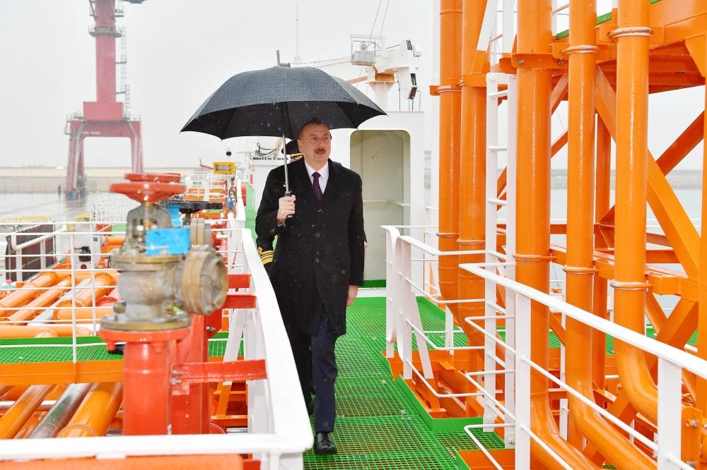 Azerbaijani president attends ceremony to launch first tanker built at Baku Shipyard (PHOTO)