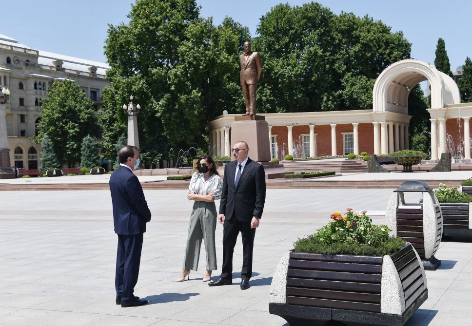 Azerbaijani president, first lady arrive in Ganja city for visit (PHOTO)