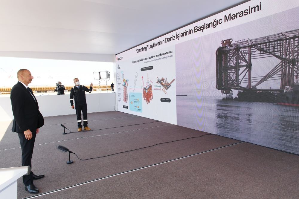 President Ilham Aliyev attends sail away of Garabagh field jacket (PHOTO/VIDEO)