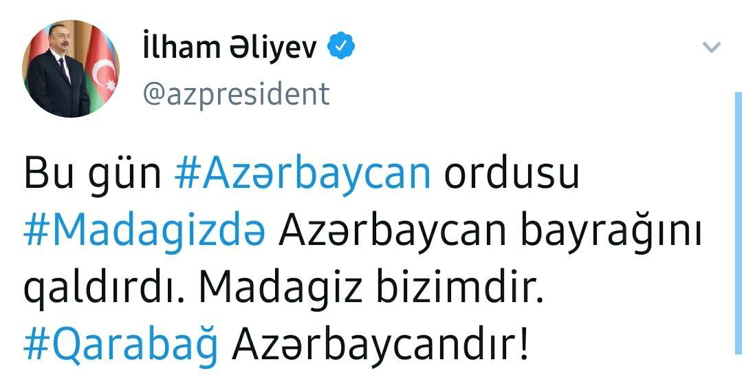 President Ilham Aliyev: Azerbaijani Army today raised Azerbaijani flag in Madagiz