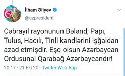 President Ilham Aliyev: Azerbaijani Army liberates 3 villages of Fuzuli district, 5 villages of Jabrayil district