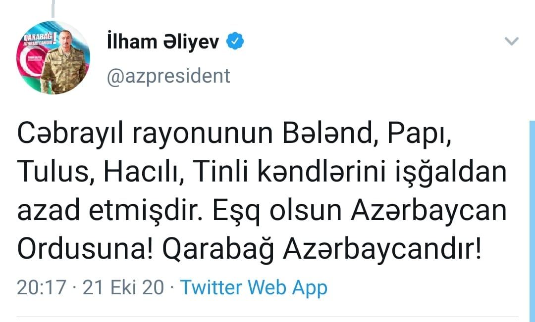 President Ilham Aliyev: Azerbaijani Army liberates 3 villages of Fuzuli district, 5 villages of Jabrayil district