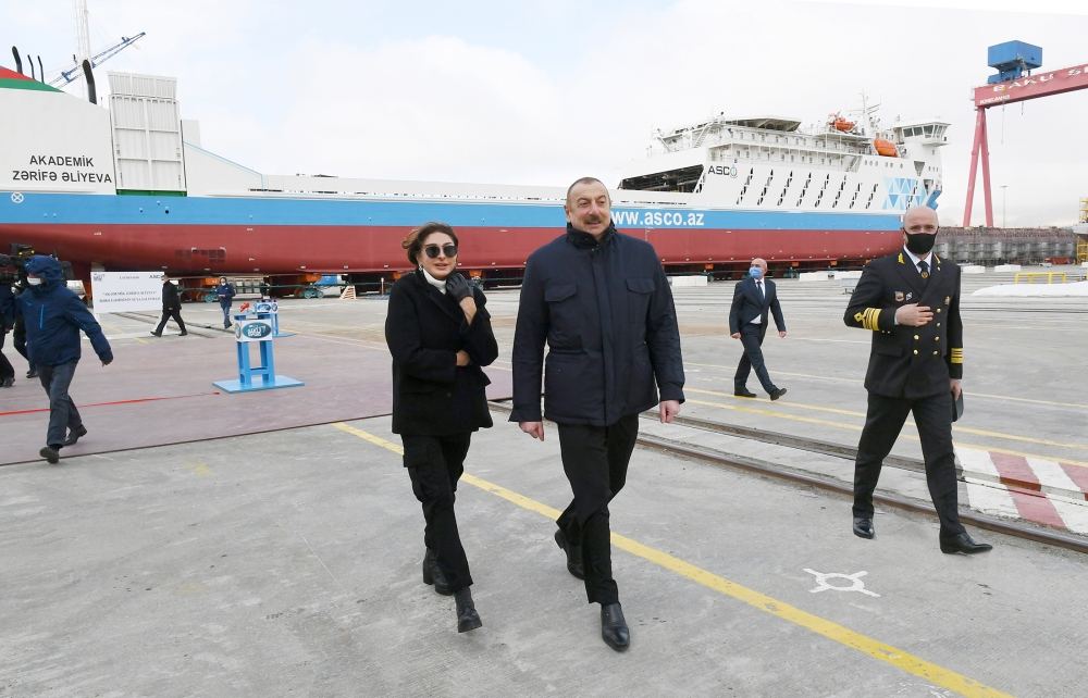 Azerbaijani president, first lady attend sail away of 'Academician Zarifa Aliyeva' ship, launch of first Ro-Pax type 'Azerbaijan' ferry boat (PHOTO)