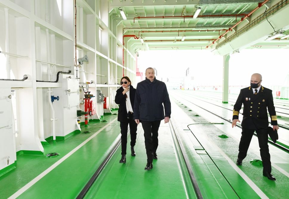 Azerbaijani president, first lady attend sail away of 'Academician Zarifa Aliyeva' ship, launch of first Ro-Pax type 'Azerbaijan' ferry boat (PHOTO)