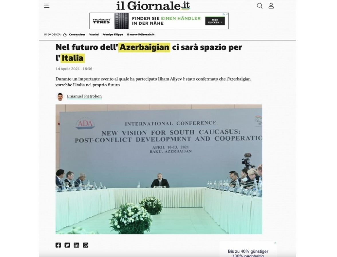 Italian media outlets highlight speech of Azerbaijani president at int'l conference in Baku