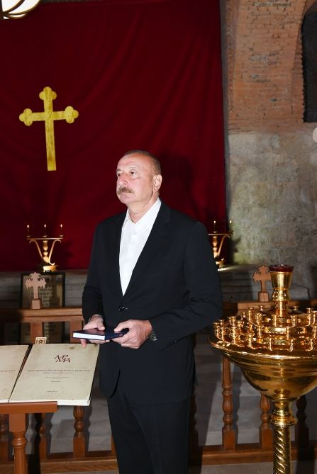 Azerbaijani president, first lady visit Albanian Church of Blessed Virgin Mary in Nij settlement, Gabala (PHOTO)
