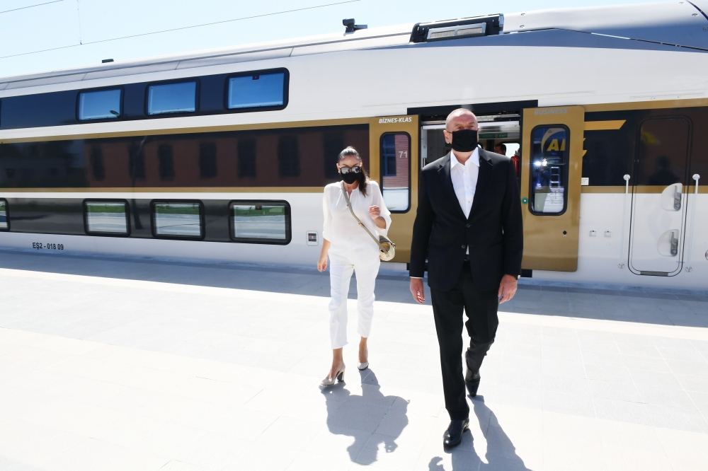 Azerbaijani president, first lady attend opening ceremony of Gabala Railway Station and Laki station - Gabala single-track railway (PHOTO)