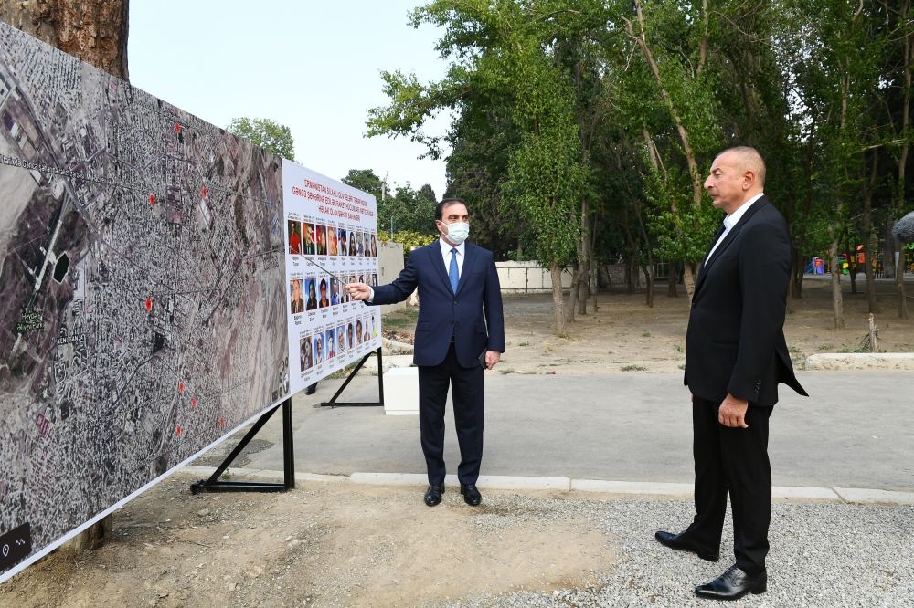 Azerbaijani president views consequences of Armenia's missile attacks in Ganja (PHOTO)