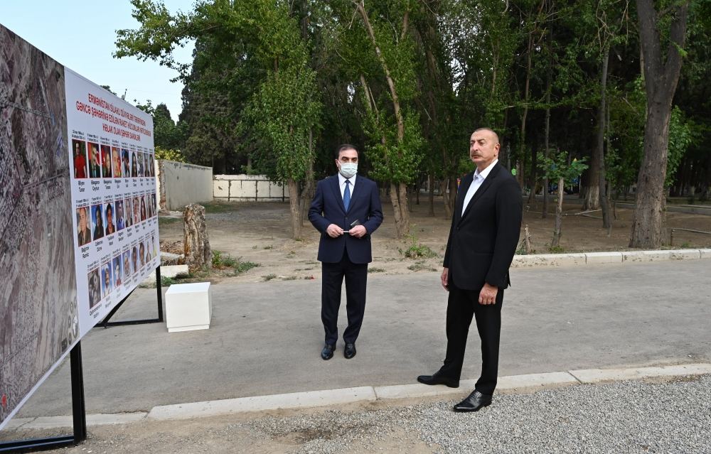 Azerbaijani president views consequences of Armenia's missile attacks in Ganja (PHOTO)