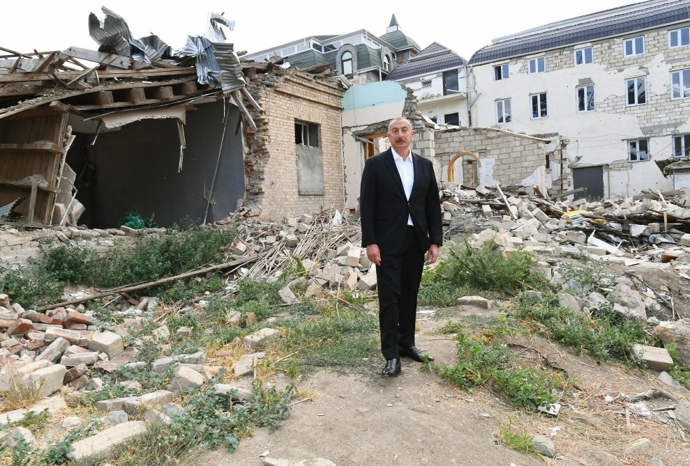 Azerbaijani president views consequences of Armenia's missile attacks in Ganja (PHOTO)