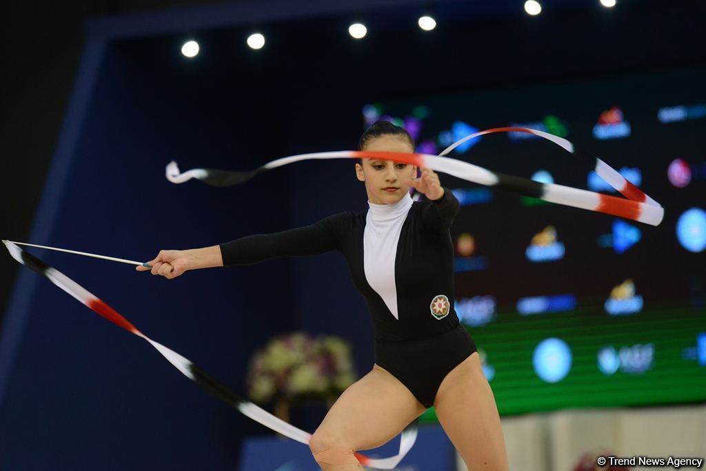 Azerbaijani gymnast performs exercise with ribbon at Tokyo Olympics