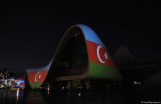 Heydar Aliyev Center in Baku illuminated with colors of National Flag of Azerbaijan (PHOTO)
