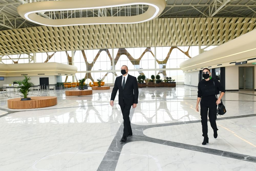 President Ilham Aliyev and First Lady Mehriban Aliyeva view conditions created at Fuzuli International Airport