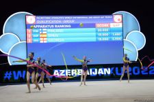 Azerbaijani team wins first intermediate place in exercise with three ribbons and two balls (PHOTO)
