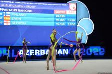 Azerbaijani team wins first intermediate place in exercise with three ribbons and two balls (PHOTO)