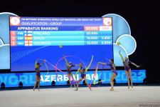 Azerbaijani team wins first intermediate place in exercise with three ribbons and two balls (PHOTO)