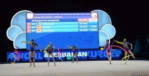 Azerbaijani team wins first intermediate place in exercise with three ribbons and two balls (PHOTO)
