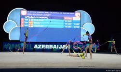 Azerbaijani team wins first intermediate place in exercise with three ribbons and two balls (PHOTO)