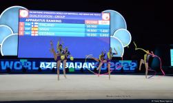 Azerbaijani team wins first intermediate place in exercise with three ribbons and two balls (PHOTO)