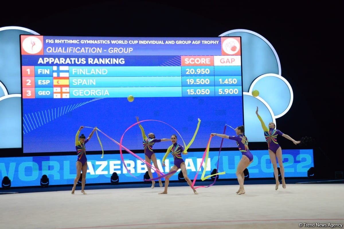 Azerbaijani team wins first intermediate place in exercise with three ribbons and two balls (PHOTO)