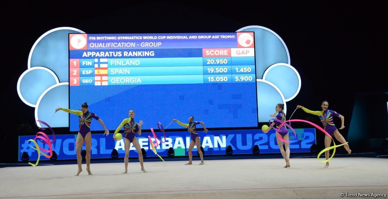 Azerbaijani team wins first intermediate place in exercise with three ribbons and two balls (PHOTO)