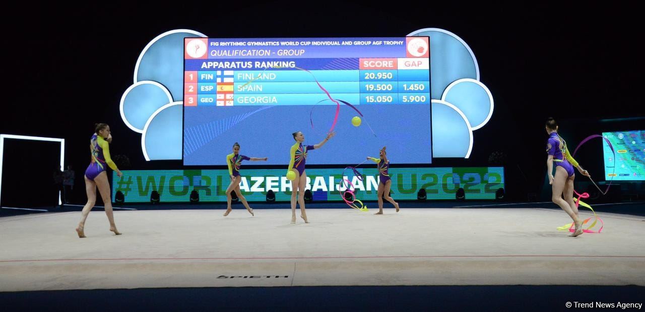 Azerbaijani team wins first intermediate place in exercise with three ribbons and two balls (PHOTO)