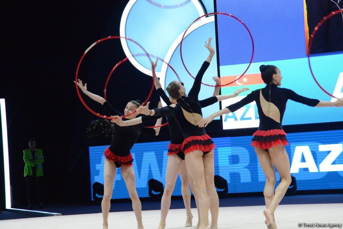 Azerbaijani team takes first place in group exercises with five hoops at World Cup in Baku (PHOTO)