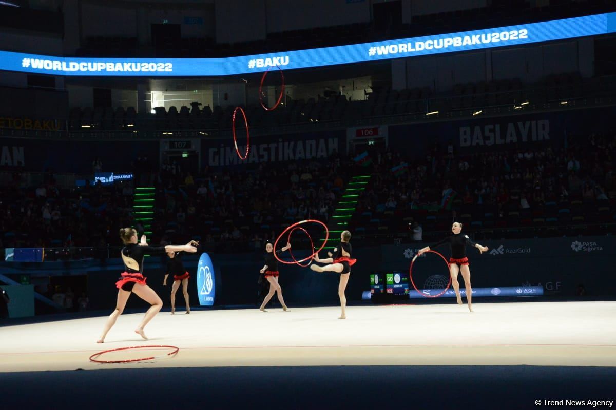 Azerbaijani team takes first place in group exercises with five hoops at World Cup in Baku (PHOTO)