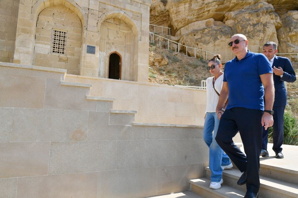President Ilham Aliyev, First Lady Mehriban Aliyeva view reconstruction works carried out in “Diri Baba” tomb in Gobustan district (PHOTO/VIDEO)