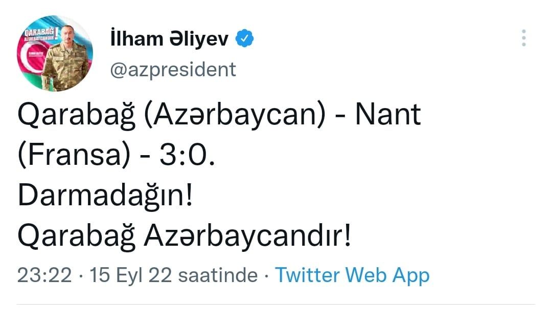 President Ilham Aliyev made post on Qarabag FC confident victory over French Nantes (PHOTO)