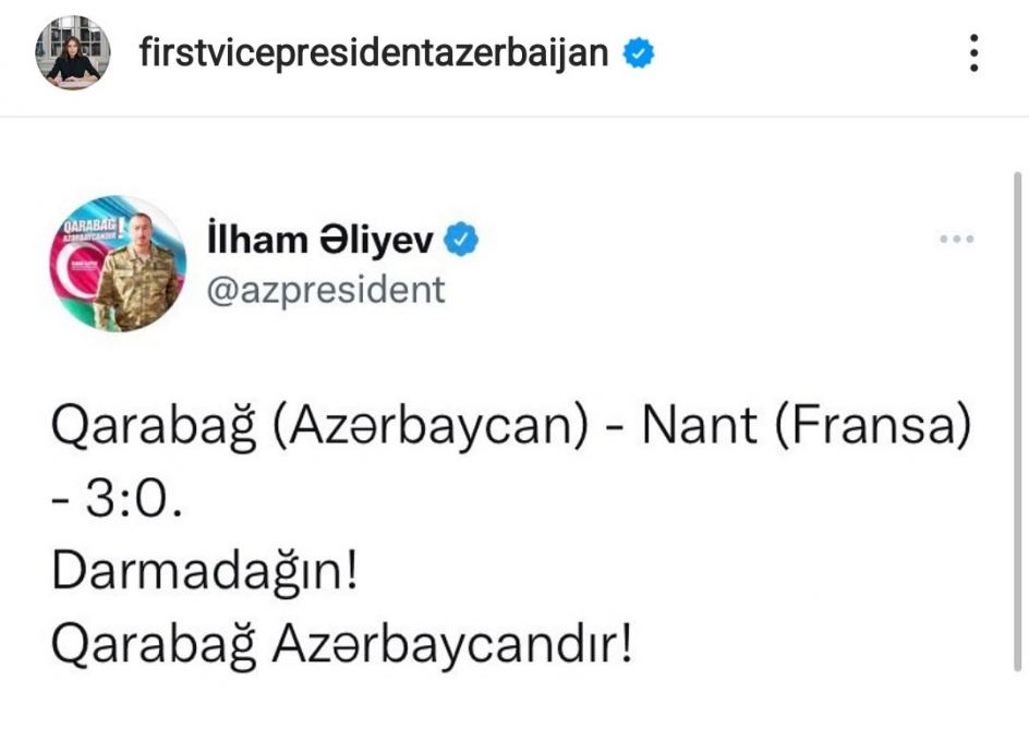 First Vice-President Mehriban Aliyeva made post on Qarabag FC`s confident victory over French Nantes (PHOTO)