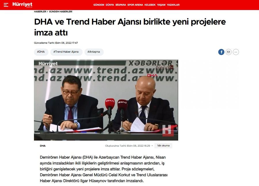 Turkish Hurriyet Daily News reports on joint projects between Trend, DHA news agencies