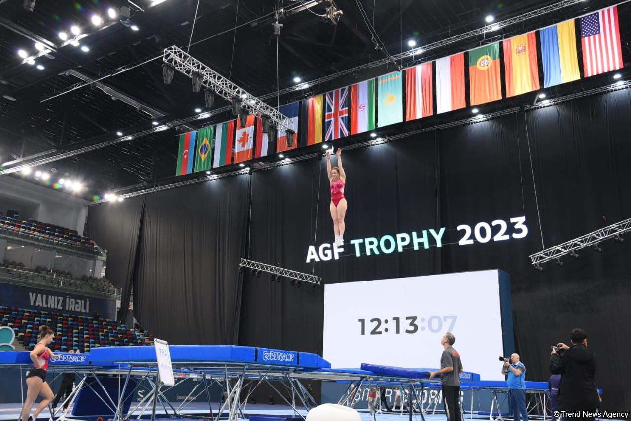 Podium training for Trampoline Gymnastics World Cup participants held in Baku
