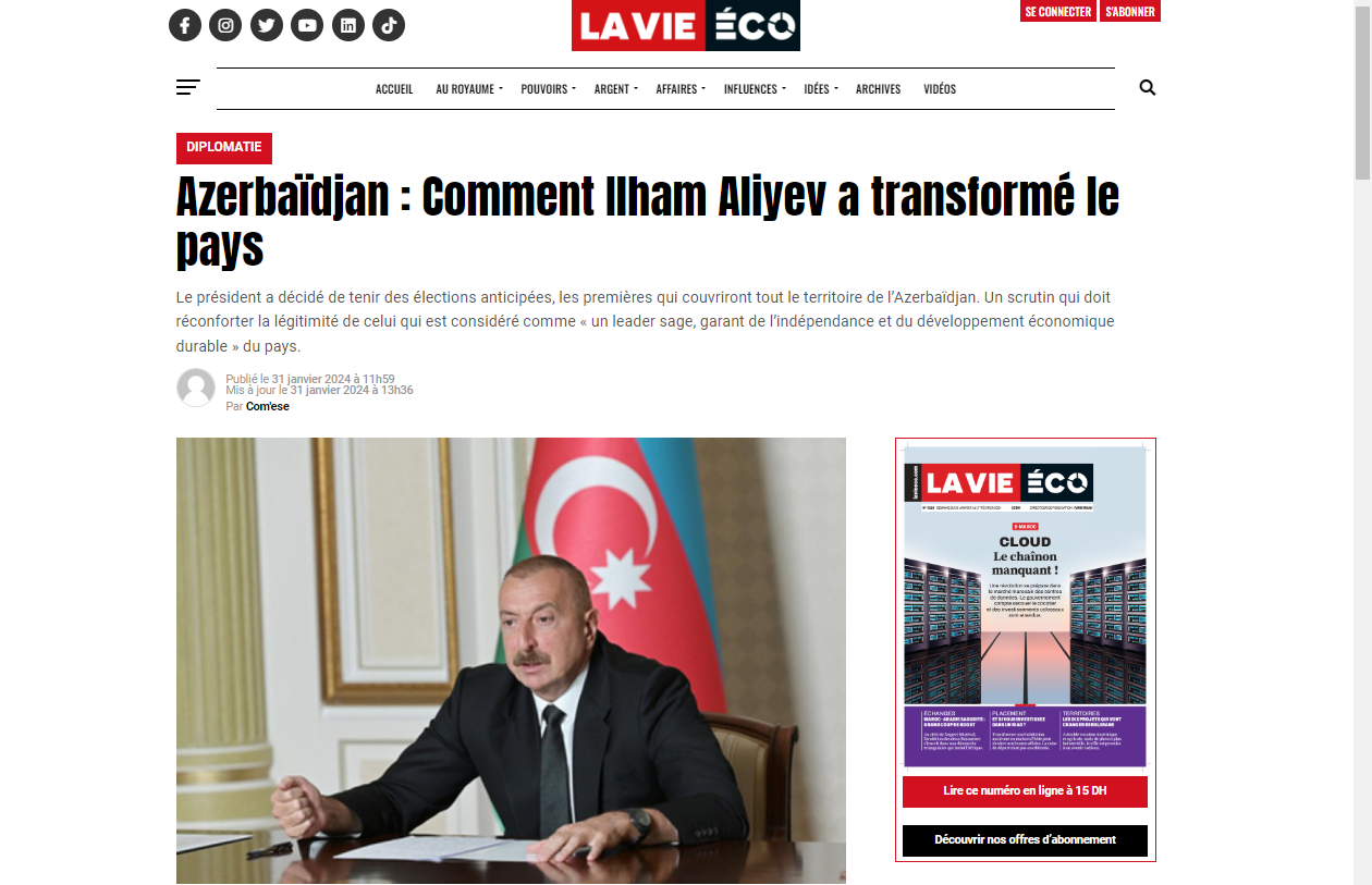 Moroccan newspaper publishes article on Azerbaijan's evolution under President Ilham Aliyev's leadership