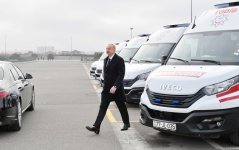 President Ilham Aliyev views newly acquired modern ambulances (VIDEO/PHOTO)