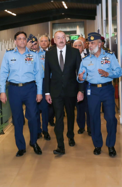 President Ilham Aliyev visits military exhibition at National Aerospace Science and Technology Park in Islamabad