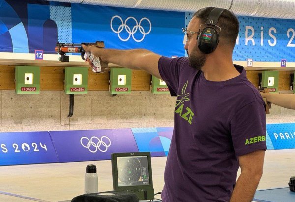 Azerbaijani athlete performs in 10 m air pistol shooting qualifications at Paris Olympics