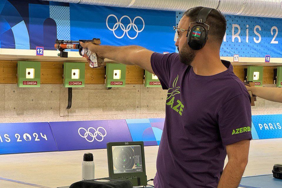 Azerbaijani athlete performs in 10 m air pistol shooting qualifications at Paris Olympics